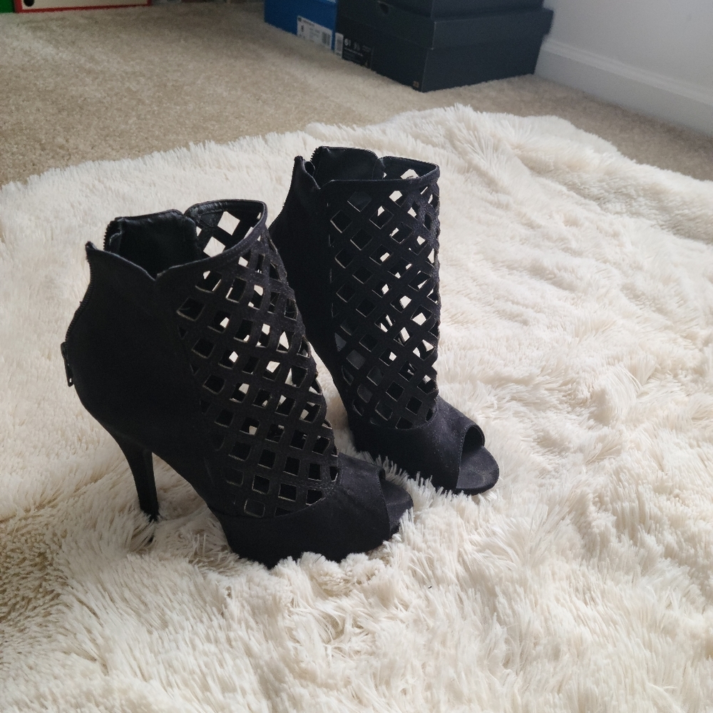 Black cage heeled booties